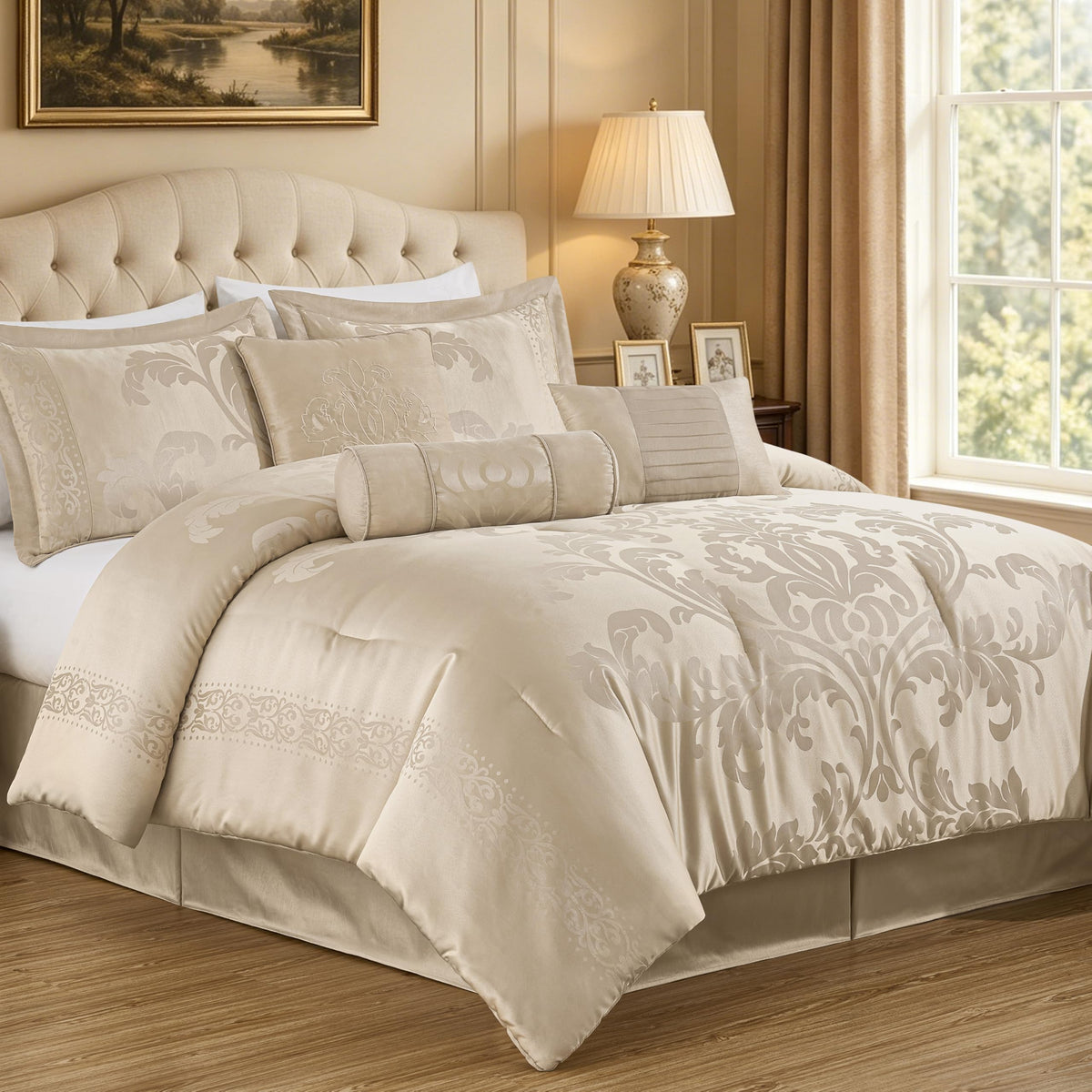 Royale 7-Piece Jacquard Floral Comforter Set, Champagne