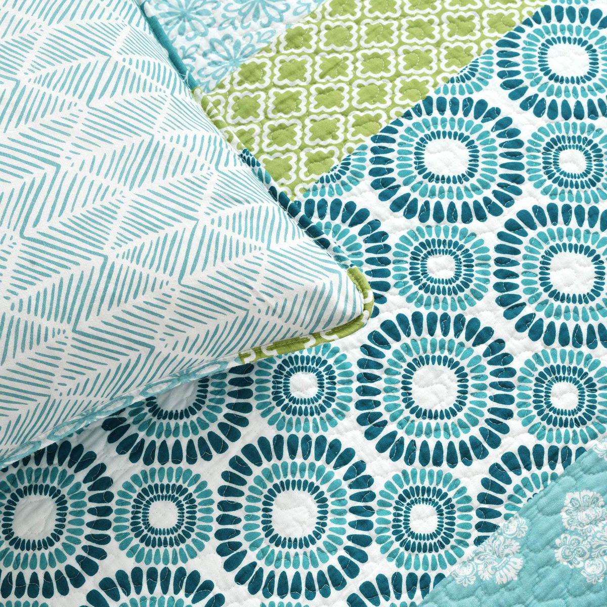 Bohemian Stripe Reversible Cotton Quilt Set, 3 Piece Set, Blue & Green - Striped Bedding Set - Blue Quilt
