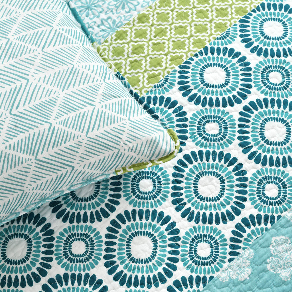 Bohemian Stripe Reversible Cotton Quilt Set, 3 Piece Set, Blue & Green - Striped Bedding Set - Blue Quilt