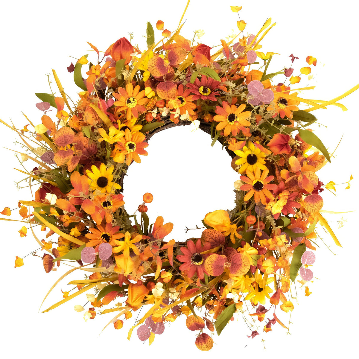20" Fall Wreaths for Front Door Artificial Fall Wreath Floral Autumn Wreath with Colorful Daisies Orange Foliage for