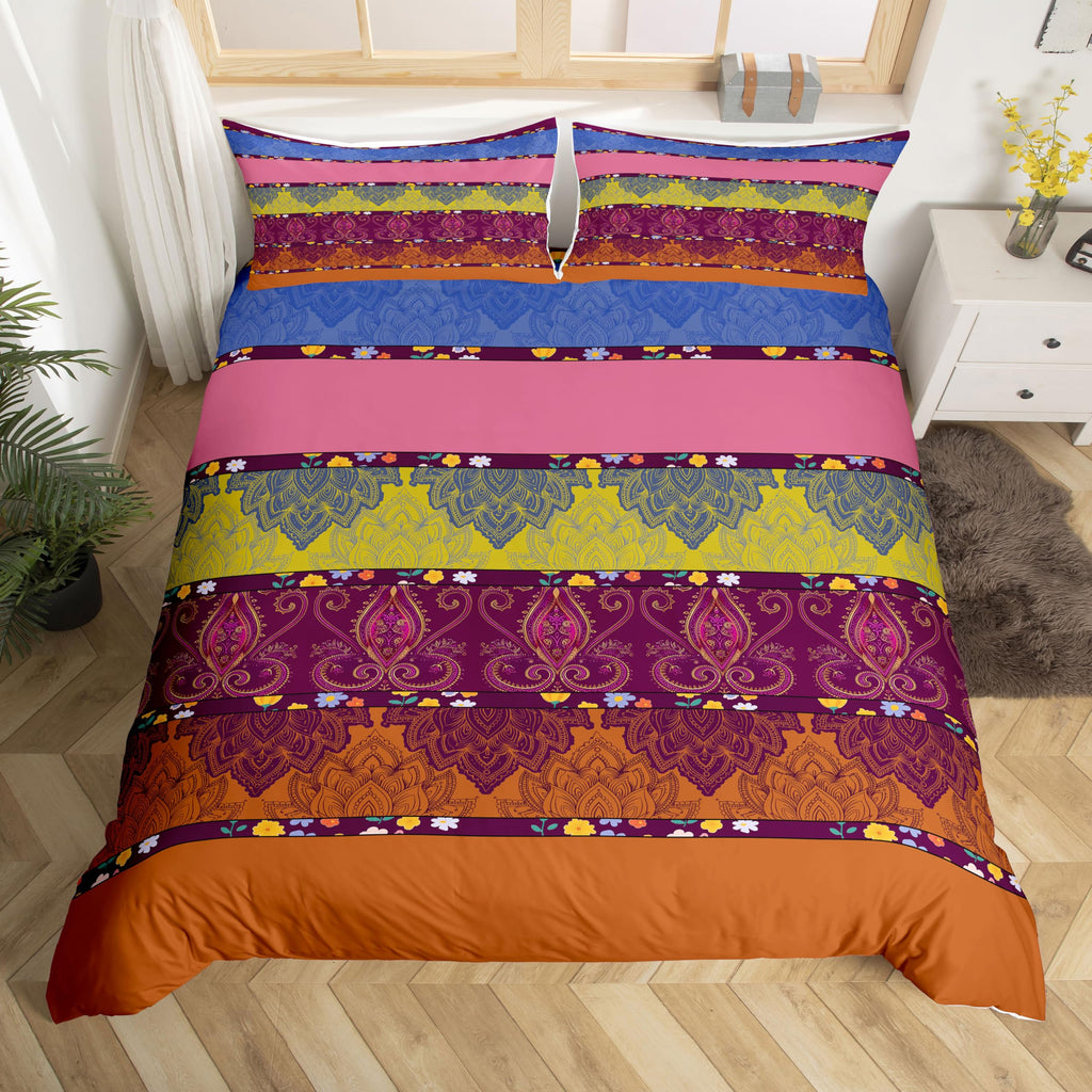 Boho Duvet Cover Paisley Floral Bedding Set, Luxurious Mexican Style Comforter Cover Set Full Size Bohemian