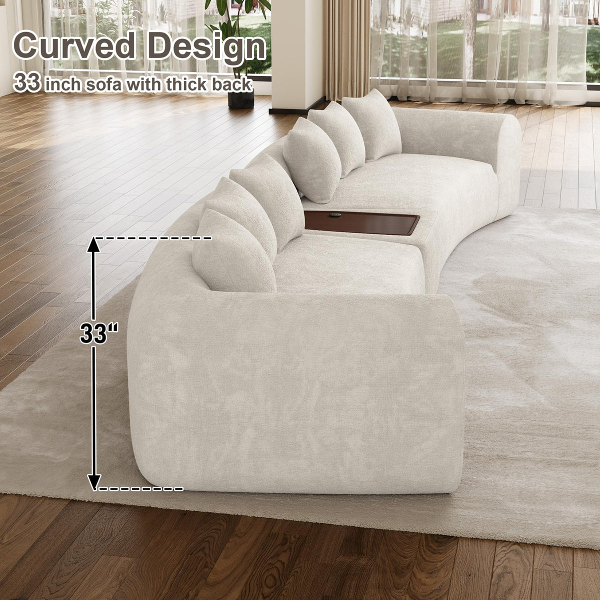 177" Oversized Curved Sectional Sofa, Chenille Cloud Couch, Beige