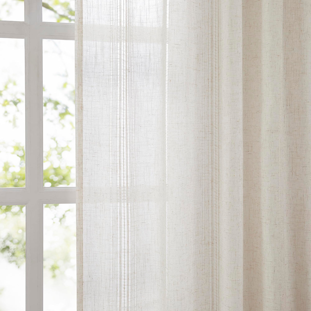 Natural Linen Boho Curtains 84 Inches Long Light Filtering Semi Sheer Privacy Drapes, Farmhouse Rustic Hollowed-Out