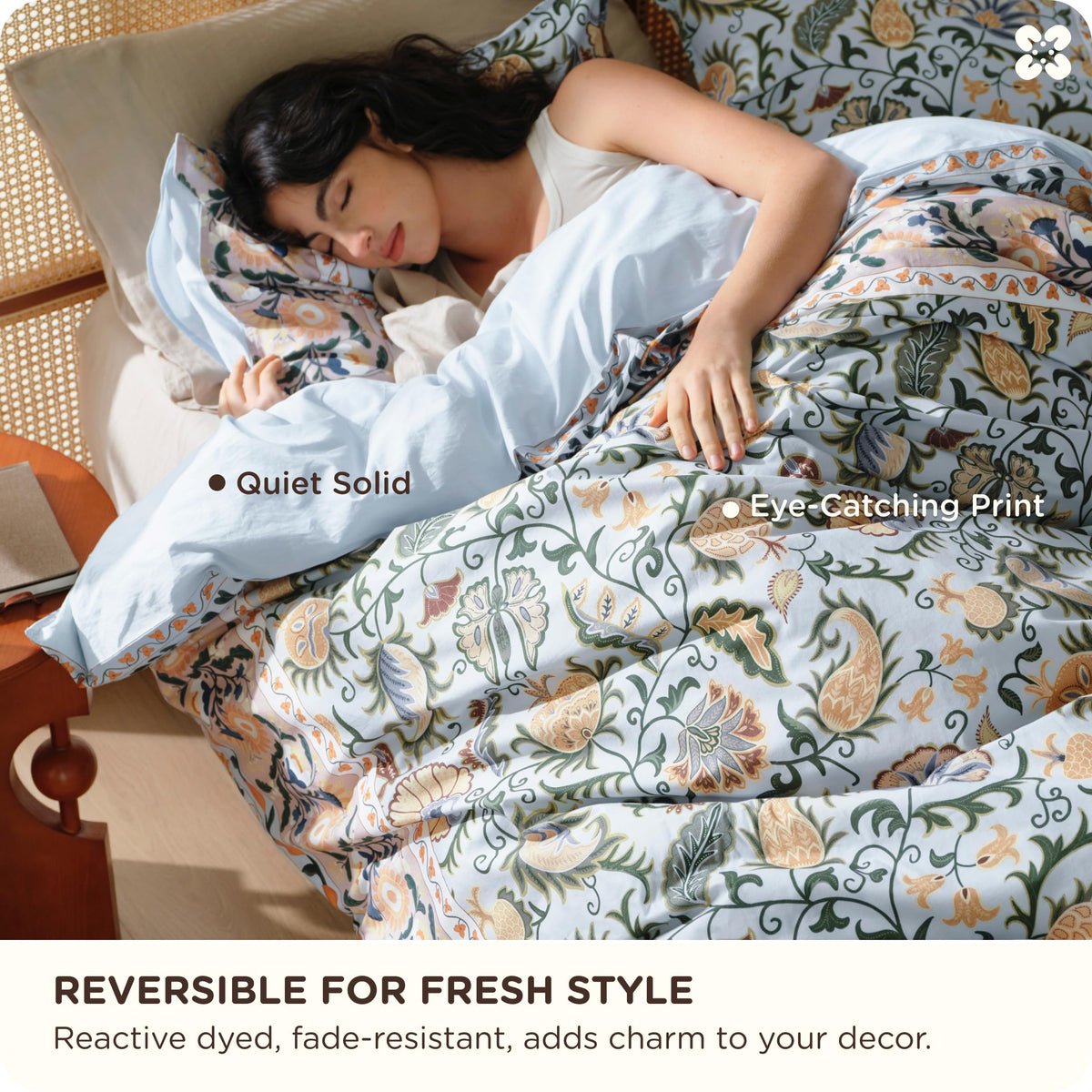 PureWoven 100% Cotton Floral Duvet Cover Set, King, Blue Boho