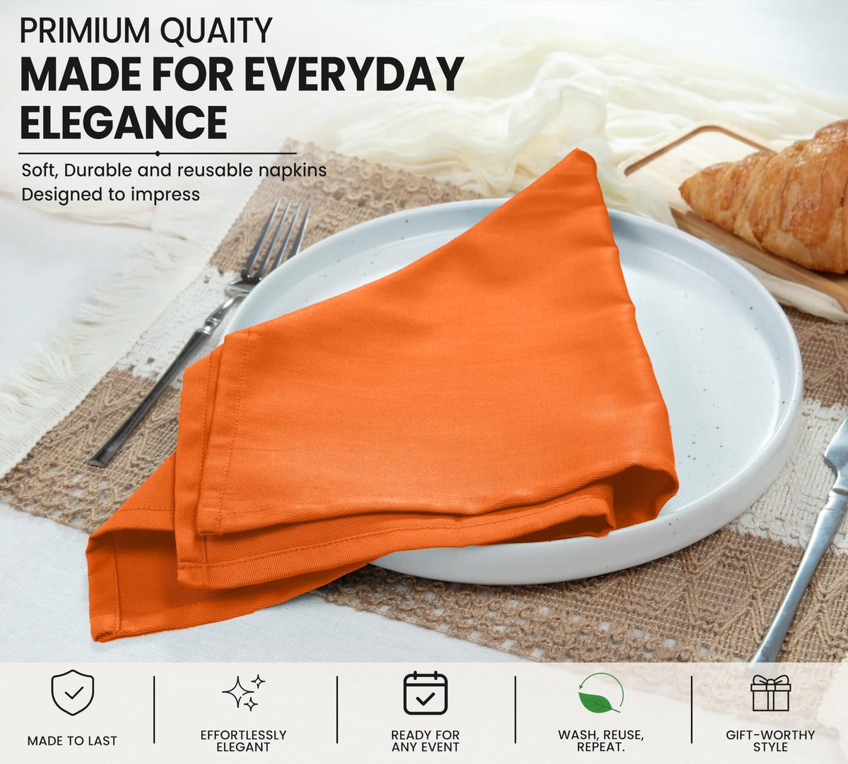 Cloth Napkins Set of 12, Cotton Enrich 18"x18" - Orange/Fall