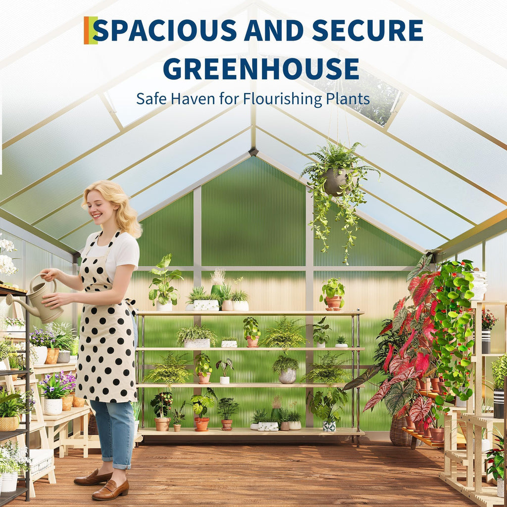 6x10 FT Greenhouse, Easy Assembly Aluminum Polycarbonate Greenhouses for Outdoors with Roof Vent, Large Aluminum