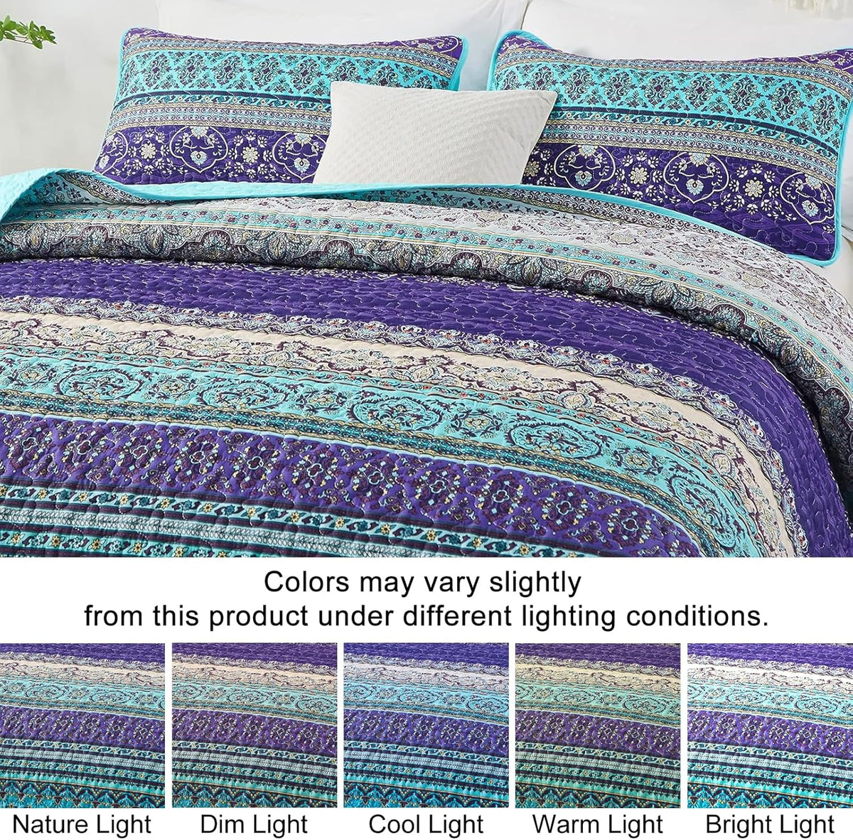 Boho King Quilt Bedding Set, 3 Pieces Soft Bedspread,Blue - Set of 3