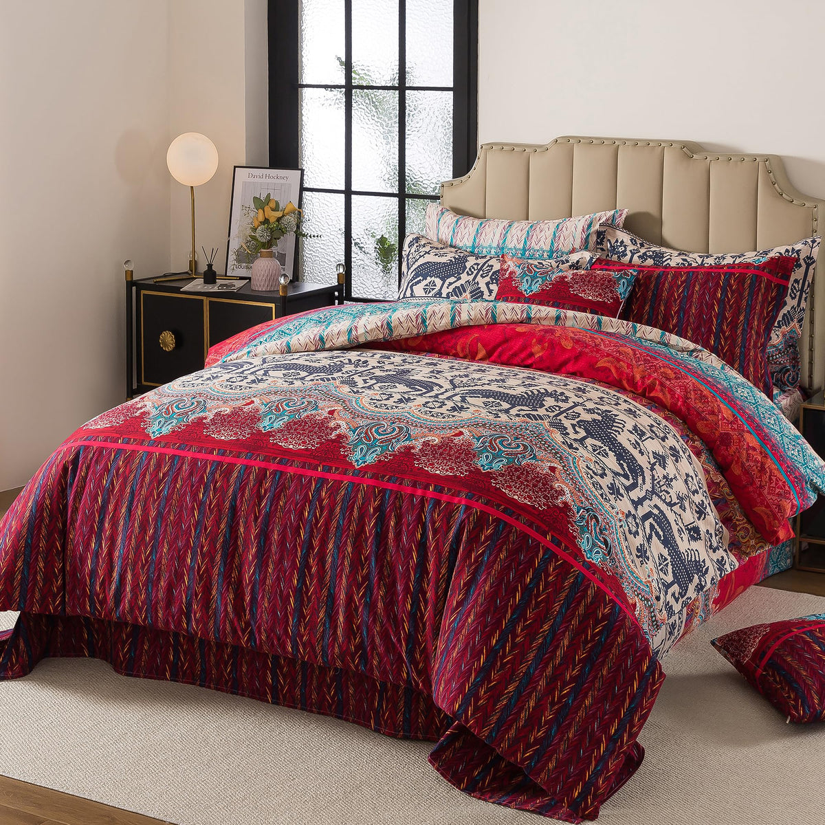 Exotic Boho Duvet Cover Set Queen 100% Brushed Cotton Soft Bohemian Bedding Paisley Ethnic Colorful Printed Bedding
