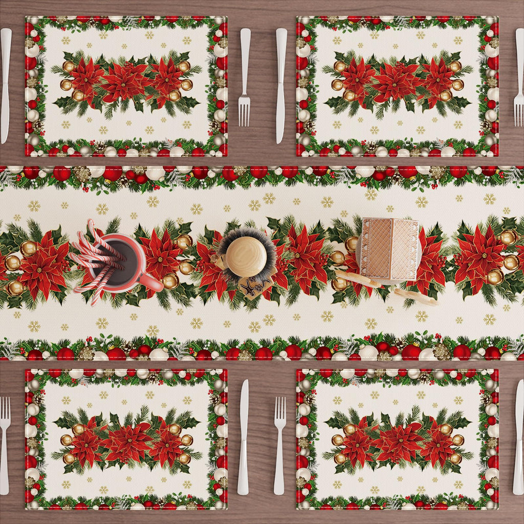 Christmas Poinsettias Leaves Bells Snowflakes Winter Xmas Placemats Set of 6 Table Mats for Party Home Kitchen Dining