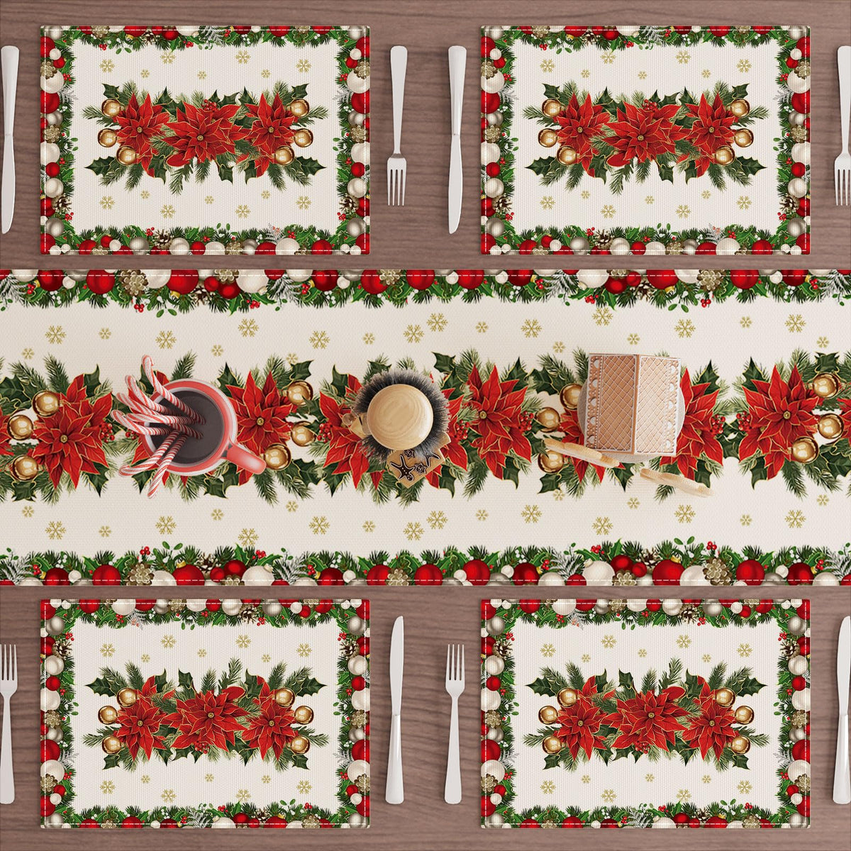 Christmas Poinsettias Leaves Bells Snowflakes Winter Xmas Placemats Set of 6 Table Mats for Party Home Kitchen Dining