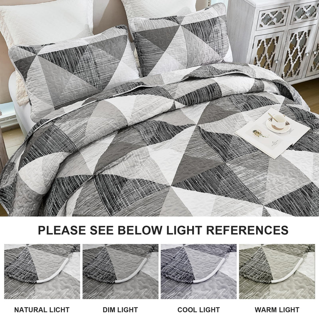 Patchwork Quilt Set Gray Geometric Bedspread 3 Pieces