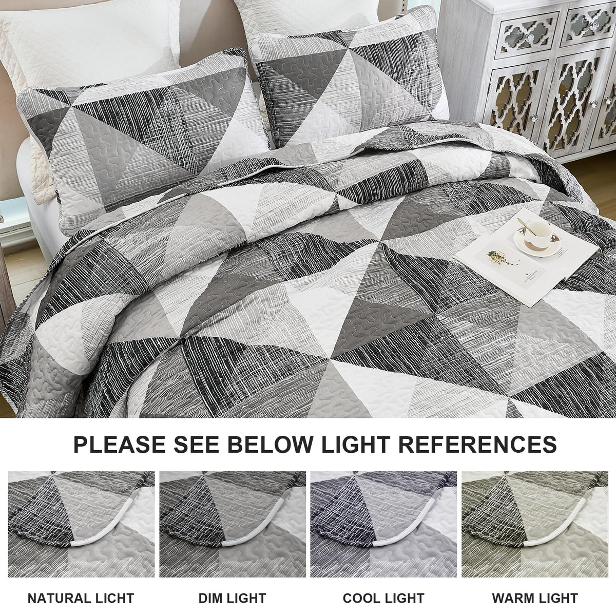 Patchwork Quilt Set Gray Geometric Bedspread 3 Pieces