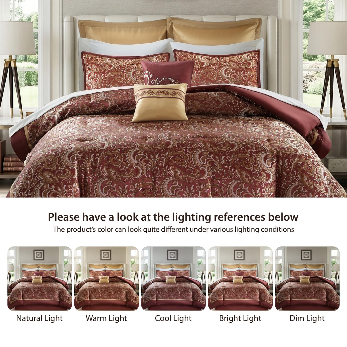 Luxury Jacquard Comforter Set 8-Piece Bedding Set, Elegant Damask Design with Bed Skirt & Decorative