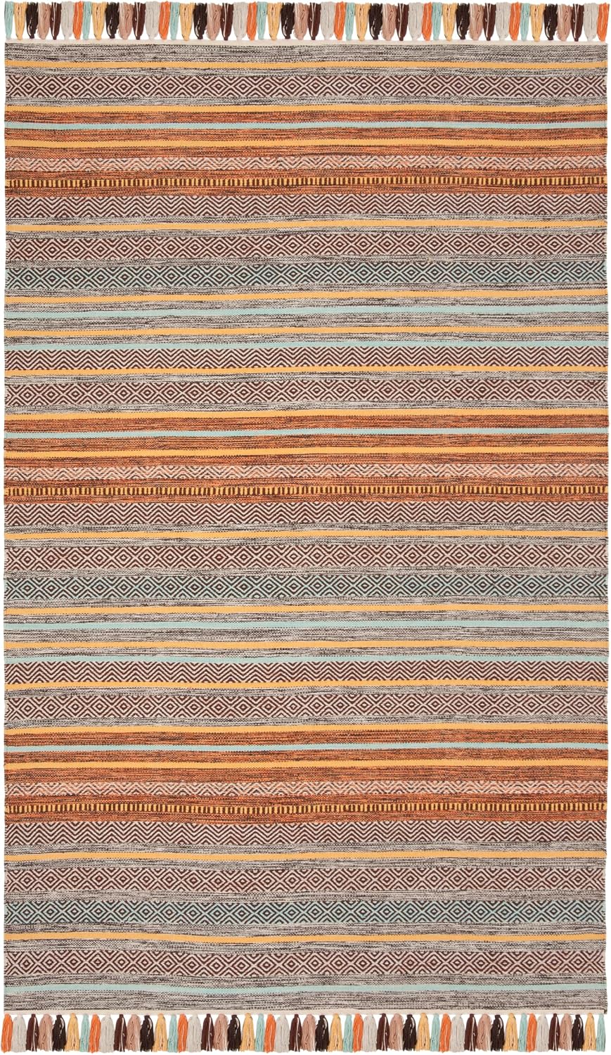 Montauk Collection Area Rug - 5' x 8', Turquoise & Brown, Handmade Boho Stripe Fringe Cotton, Ideal for High Traffic