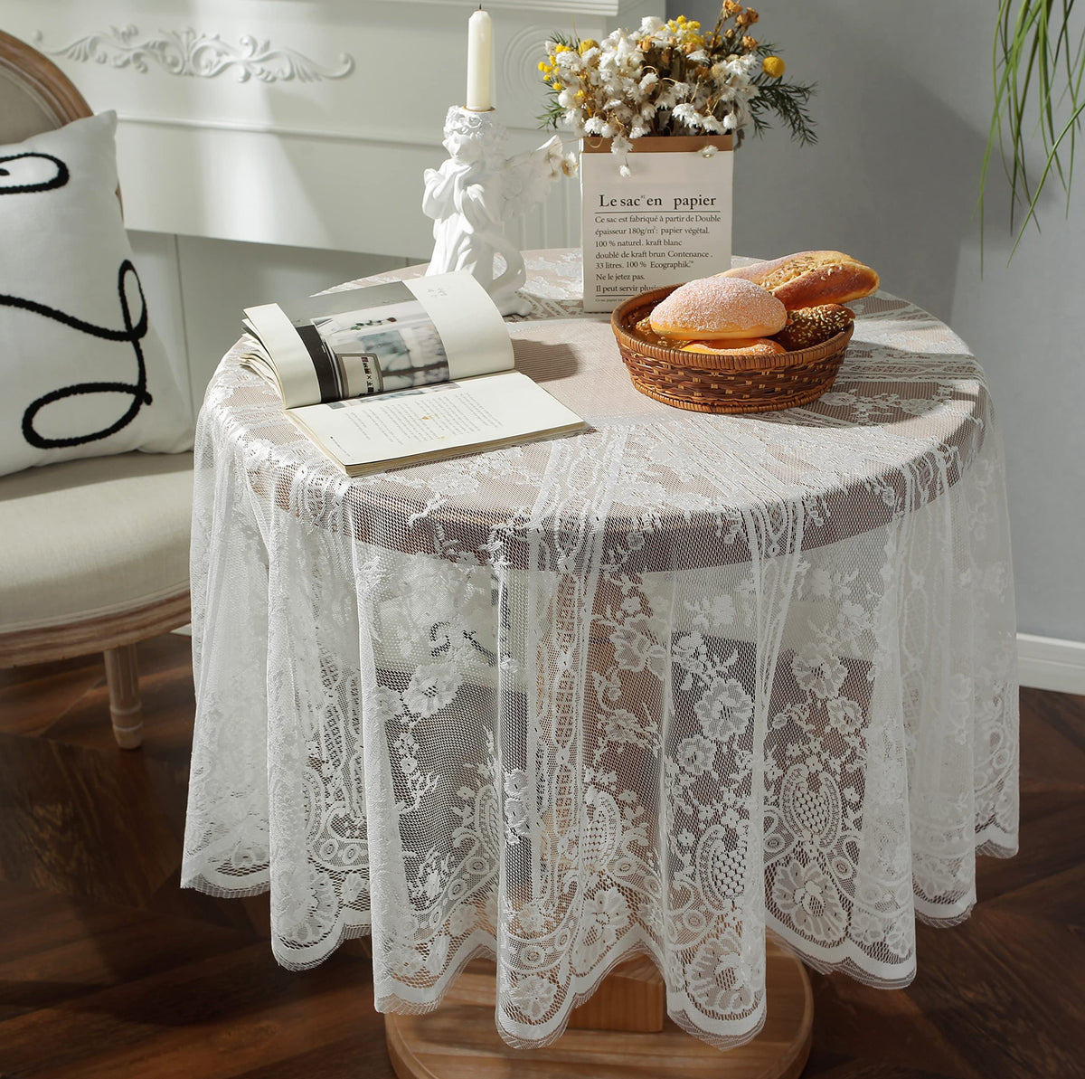 60inch White Round Floral Embroidered lace Table Cloths