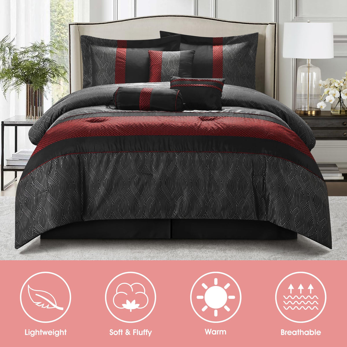 7 Piece Comforter Set, Black Red, Jacquard with Patchwork, Soft and Cozy for All Seasons, Bed in a Bag with