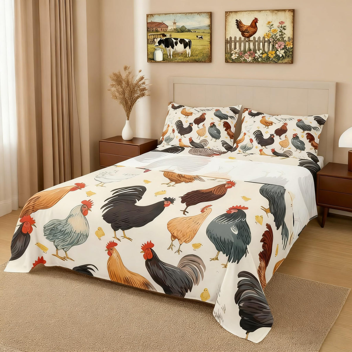 Farmhouse Style Bed Sheet Set 4 Piece, Cute Chickens Livestock Sheets Bed Set, Rustic Animal Theme Bedding