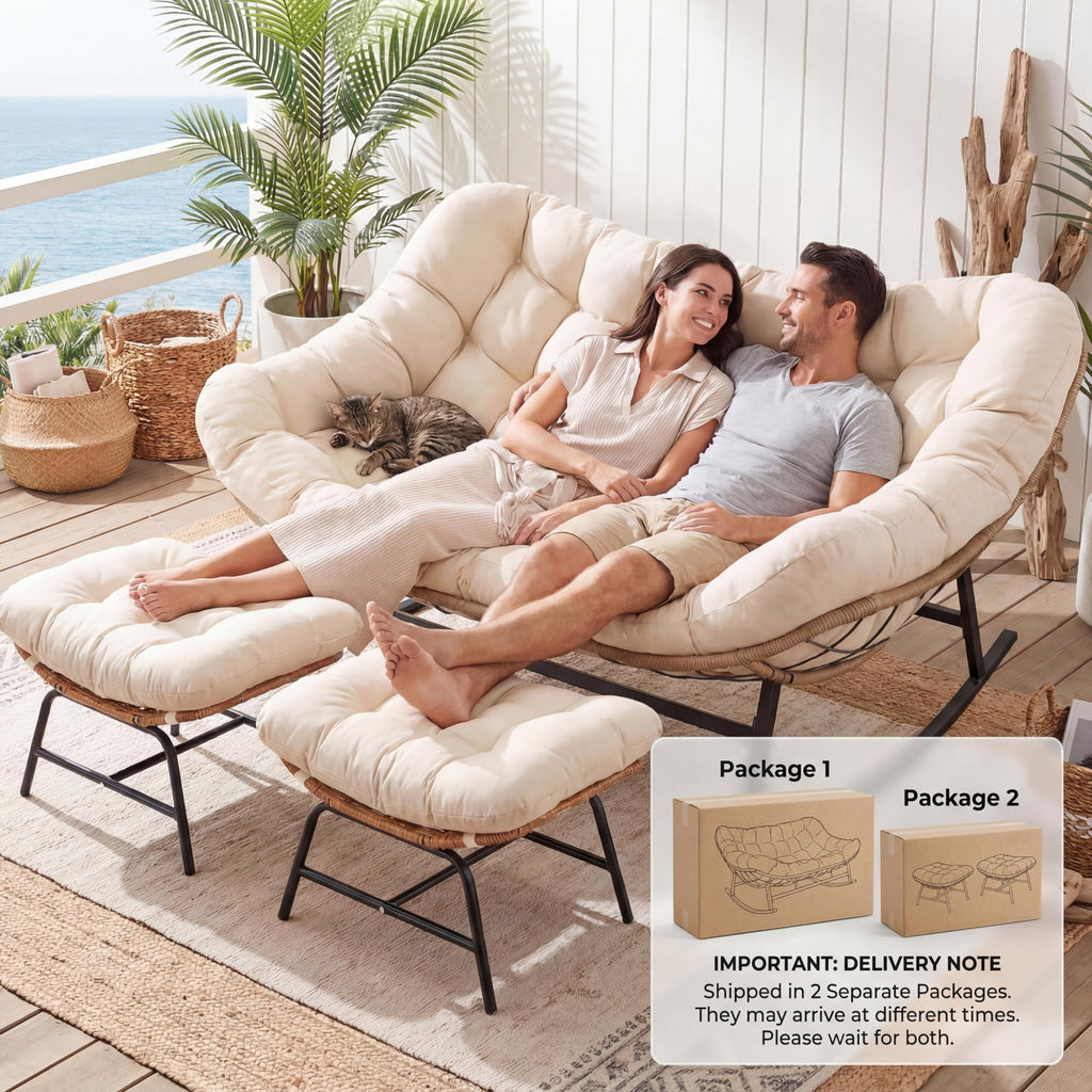 Inspired Egg Style Double Rocking Chair with Ottomans, Papasan Lounger Chairs