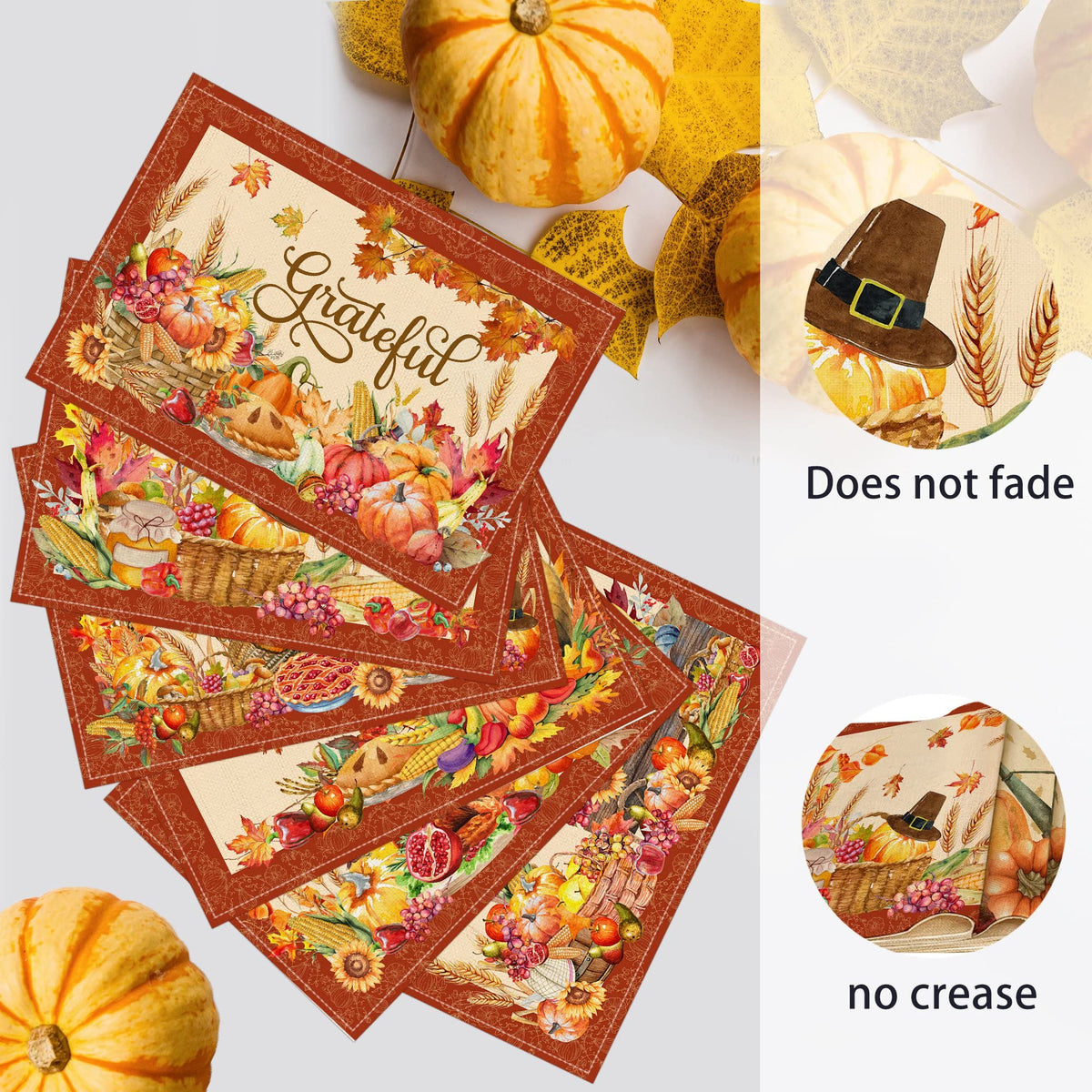 Thanksgiving Placemats Set of 6, Turkey Holiday Placemats Set of 6 12x18 Inch for Dining Table, Thanksgiving Place