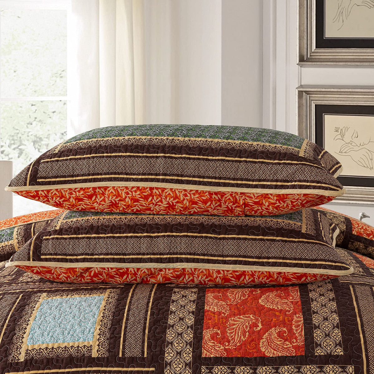 Cotton Patchwork Bedspread, 3-Piece Bedding Quilt Set with Real Stitched Embroidery, Reversible Matelasse Bed