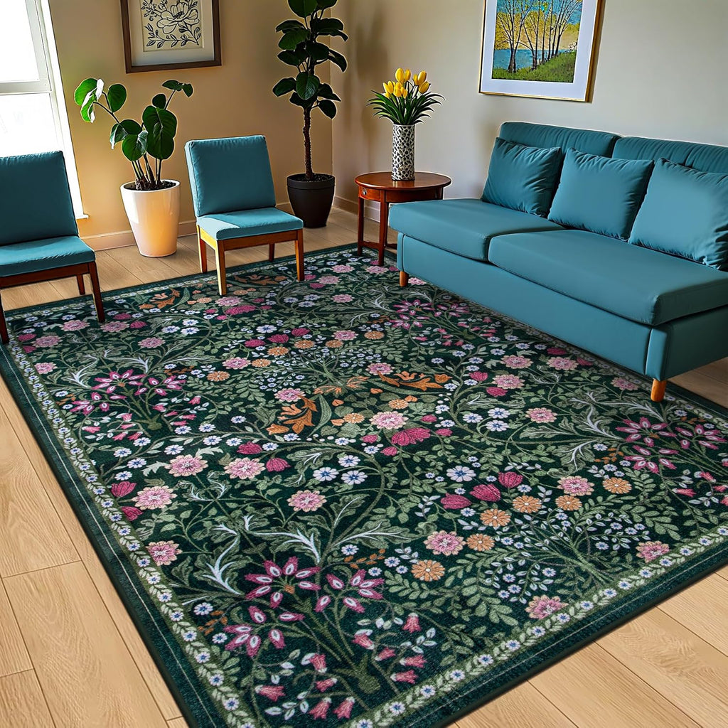 Area Rugs for Living Room: Floral Washable Rug Vintage Large Soft Boho Non-Slip Carpet Stain Resistant Low Pile