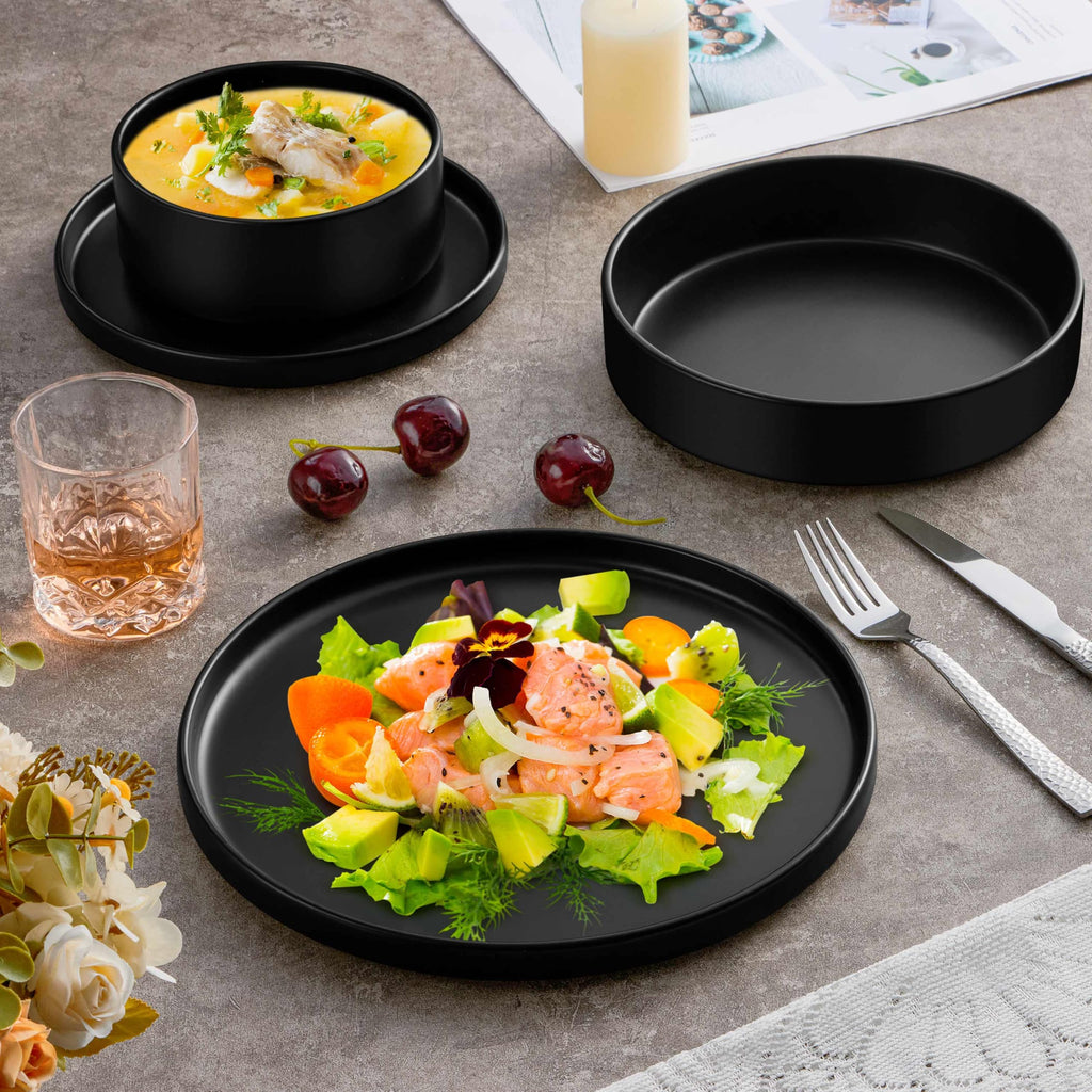 Dinnerware Sets with Pasta Bowls for 6, 24 Piece Dinner Salad Plates and Cereal Serving Bowls, Stoneware Dishes
