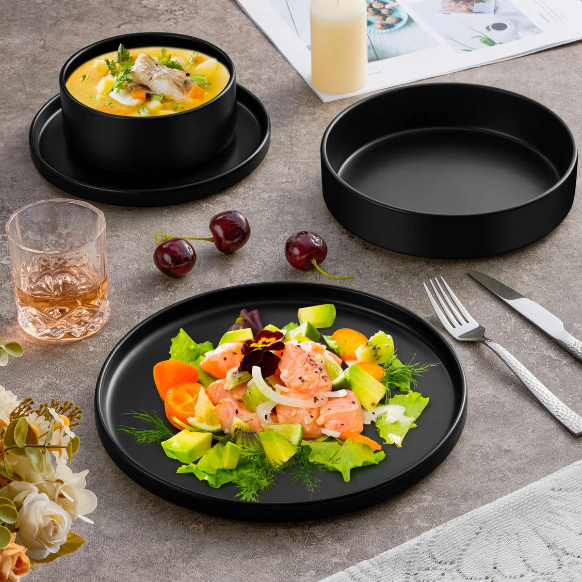 Dinnerware Sets with Pasta Bowls for 6, 24 Piece Dinner Salad Plates and Cereal Serving Bowls, Stoneware Dishes