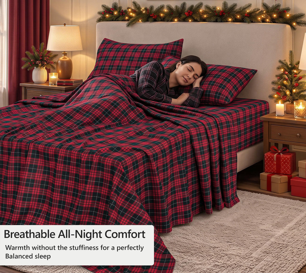 100% Cotton Flannel Sheets, 4 PCs, Red Buffalo Check