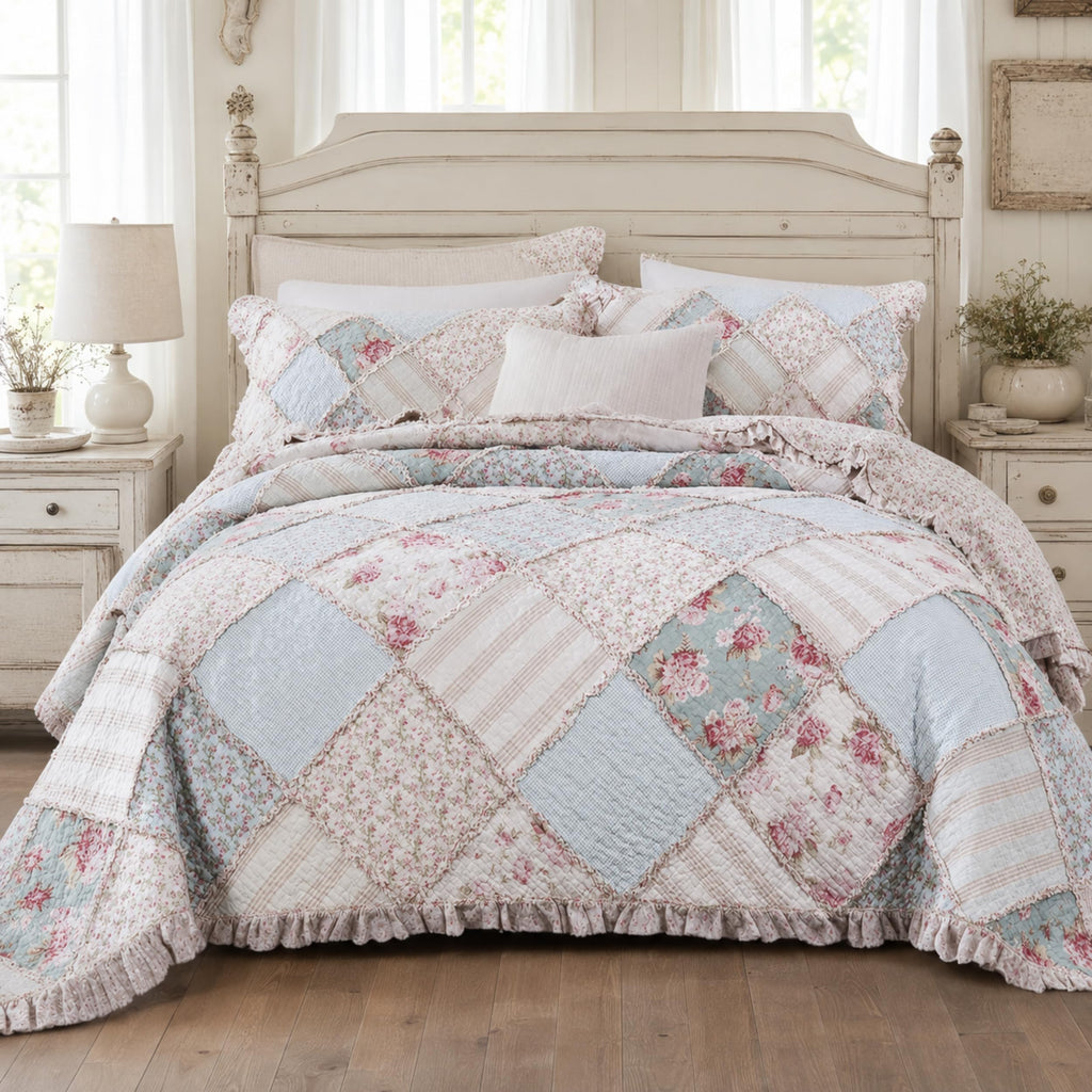 Cottage Floral Patchwork Bedspread Set - Hint of Mint Dainty Quilted Cotton Blooming Garden Botanical - Multi