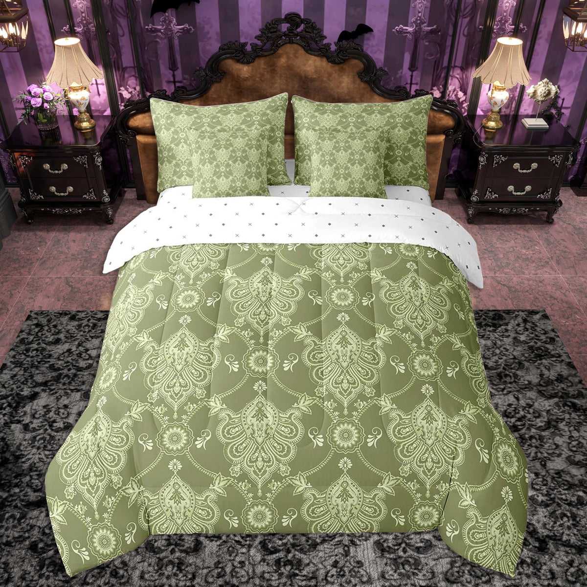 Green Vintage Damask Comforter Set with Sheets 7 Piece