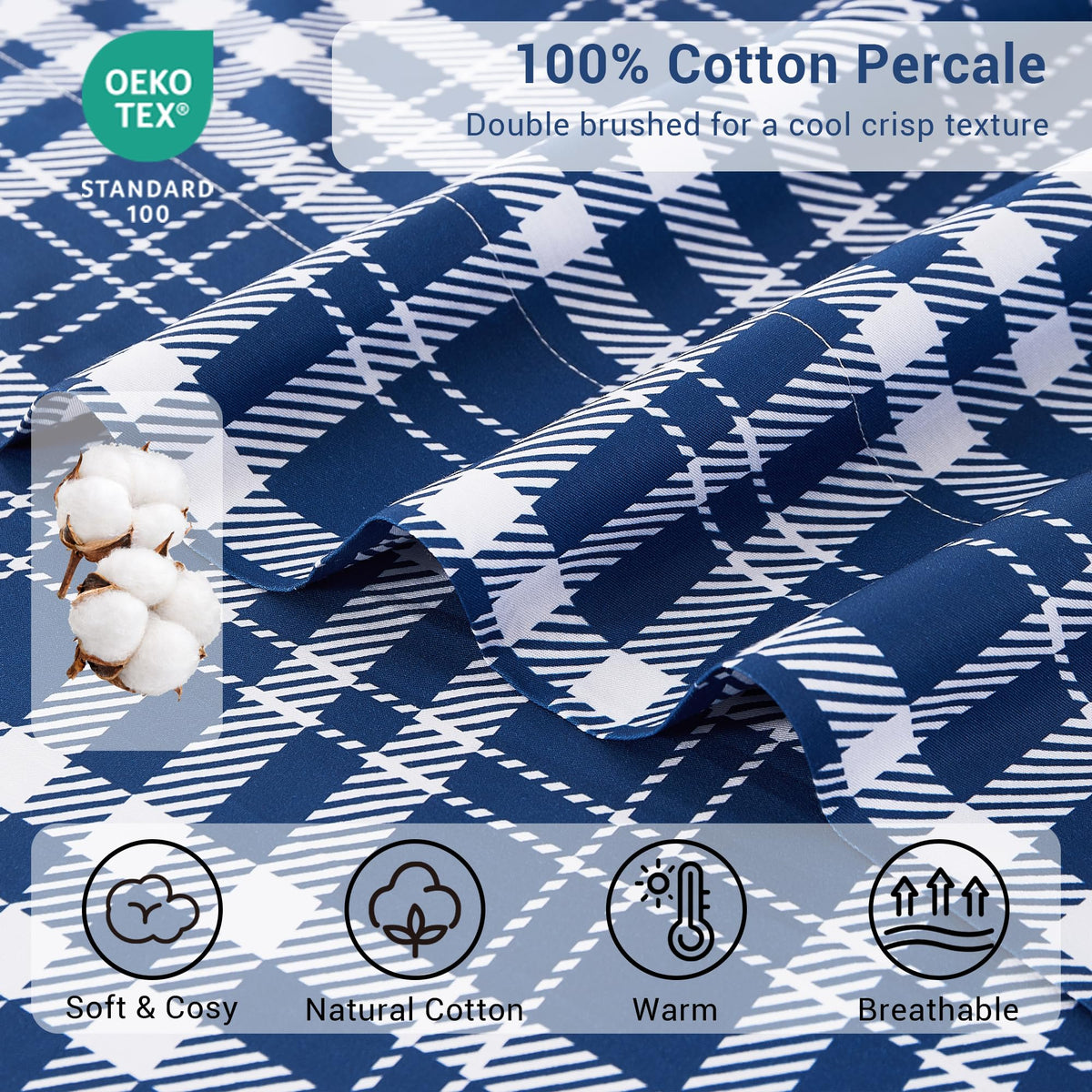 Plaid 100% Cotton Sheets, Navy Blue Checkered