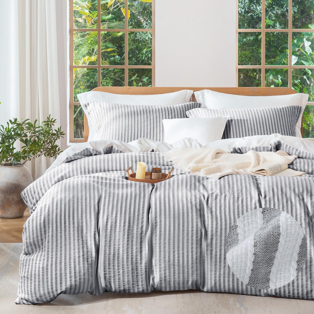 Jacquard Striped Duvet Cover Set 3pcs Dual Zipper Dark Grey