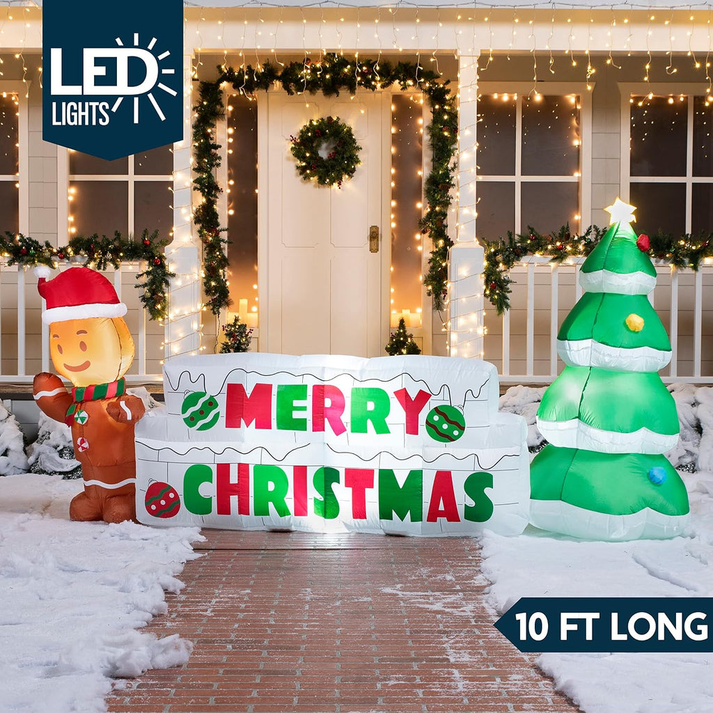 10 FT Christmas Inflatable Gingerbread Man & Christmas Tree, Holiday Inflatable Outdoor Decoration with Build-in LEDs