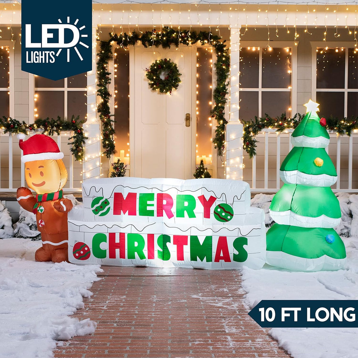 10 FT Christmas Inflatable Gingerbread Man & Christmas Tree, Holiday Inflatable Outdoor Decoration with Build-in LEDs