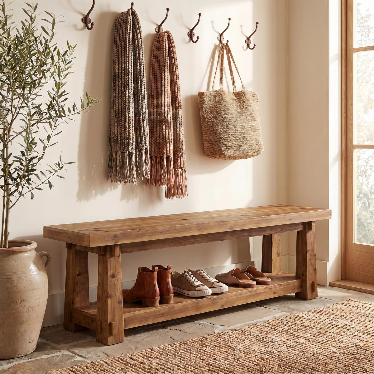 55'' Solid Wood Entryway Bench with Shoe Storage, Rustic Brown