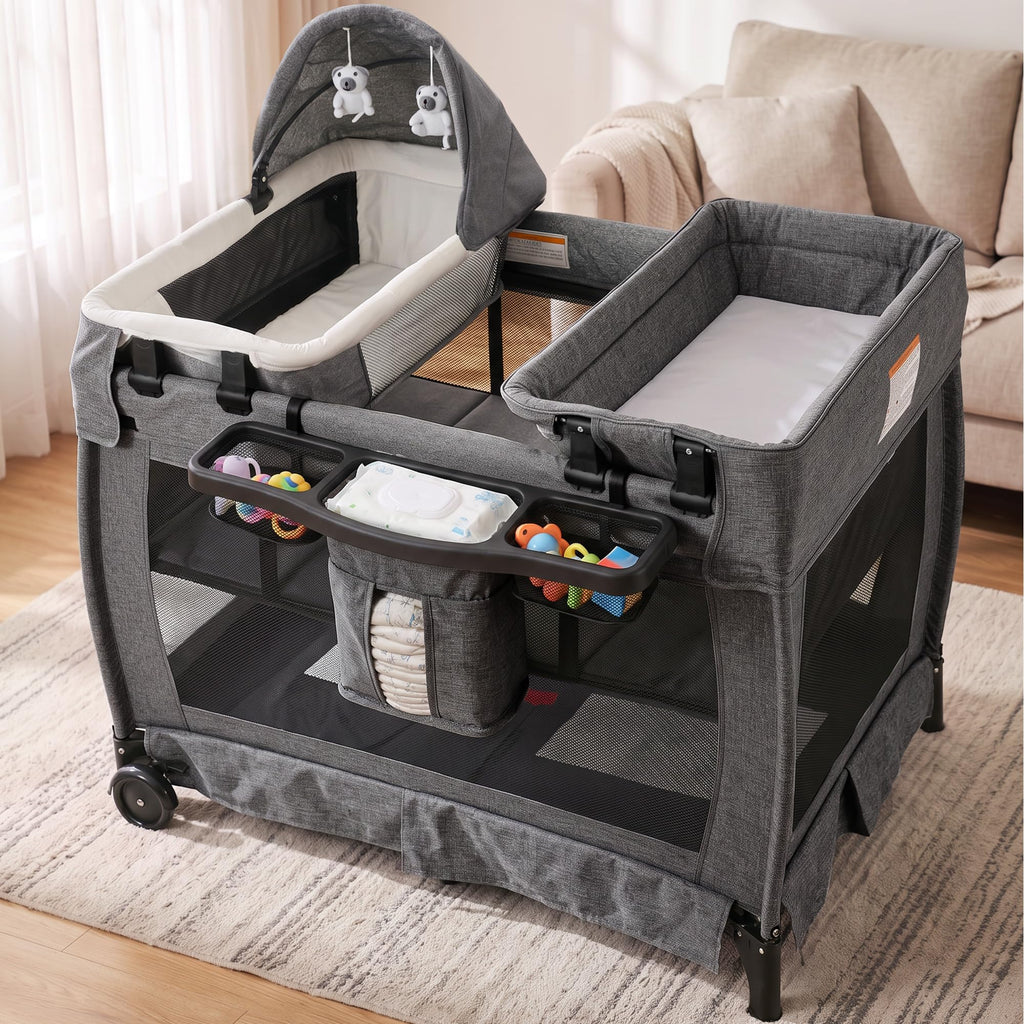 4 in 1 Play Yard w/Bassinet, Baby Playard, Light Gray