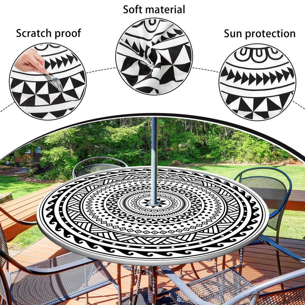 Outdoor Tablecloth with Umbrella Hole Waterproof Abstract Tribal Round Fitted Tablecloth with Elastic Zippered Table