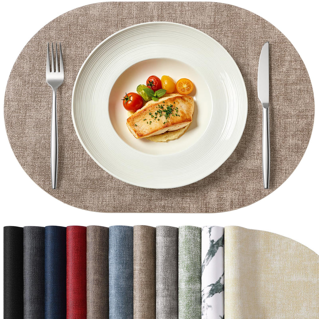 Oval Faux Leather Placemats Set of 6, Easy to Clean, Light Brown