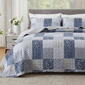 Navy Blue Gray Quilt Set 128x120, 3 Piece Quilted Bedspread Set Patchwork Plaid Bedding Comforter Set