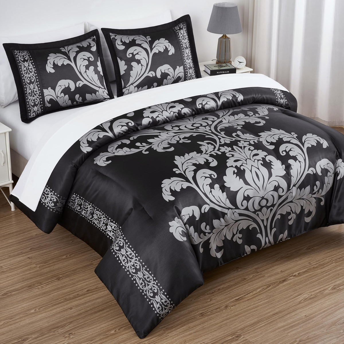 Valor 7-Piece Bed in a Bag, Black/Silver Luxury Jacquard Floral Comforter with Sheets Set for All Season