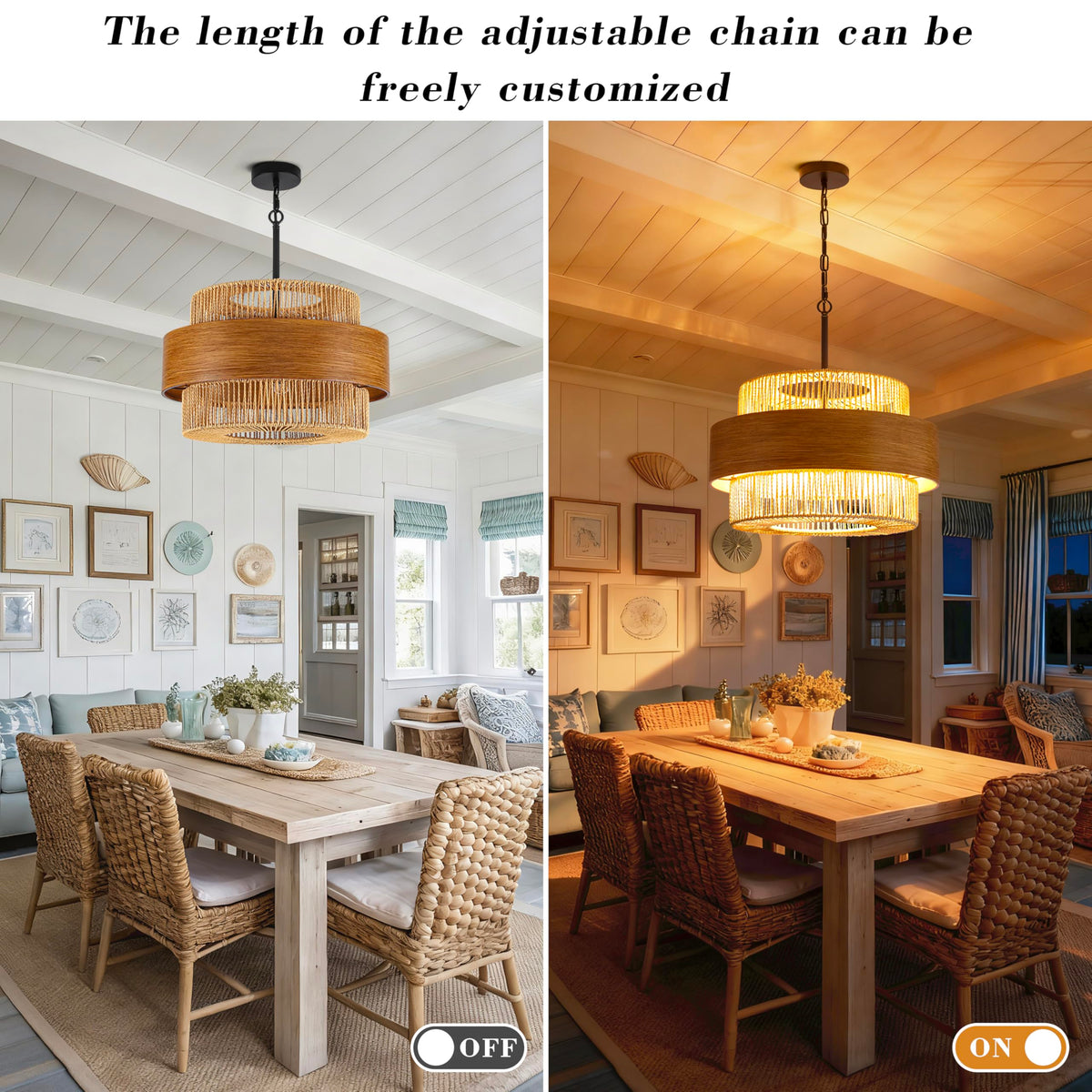 Rattan Chandelier, 5 Lights 19.68" Hand Woven Drum Boho Rattan Light Fixture