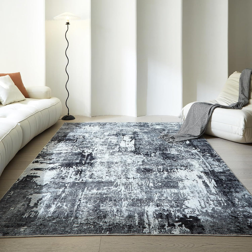 Area Rug Washable Abstract, Grey and Black