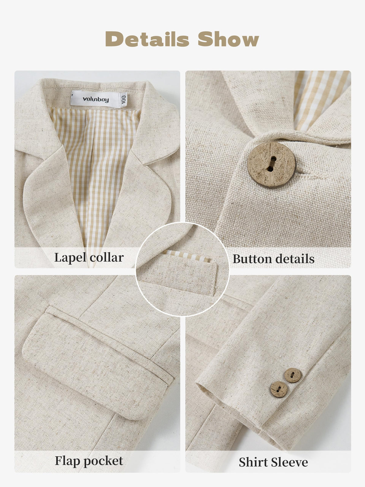 Toddler Suit Baby Boy 3 Piece Linen Tuxedo, BeigeWhite