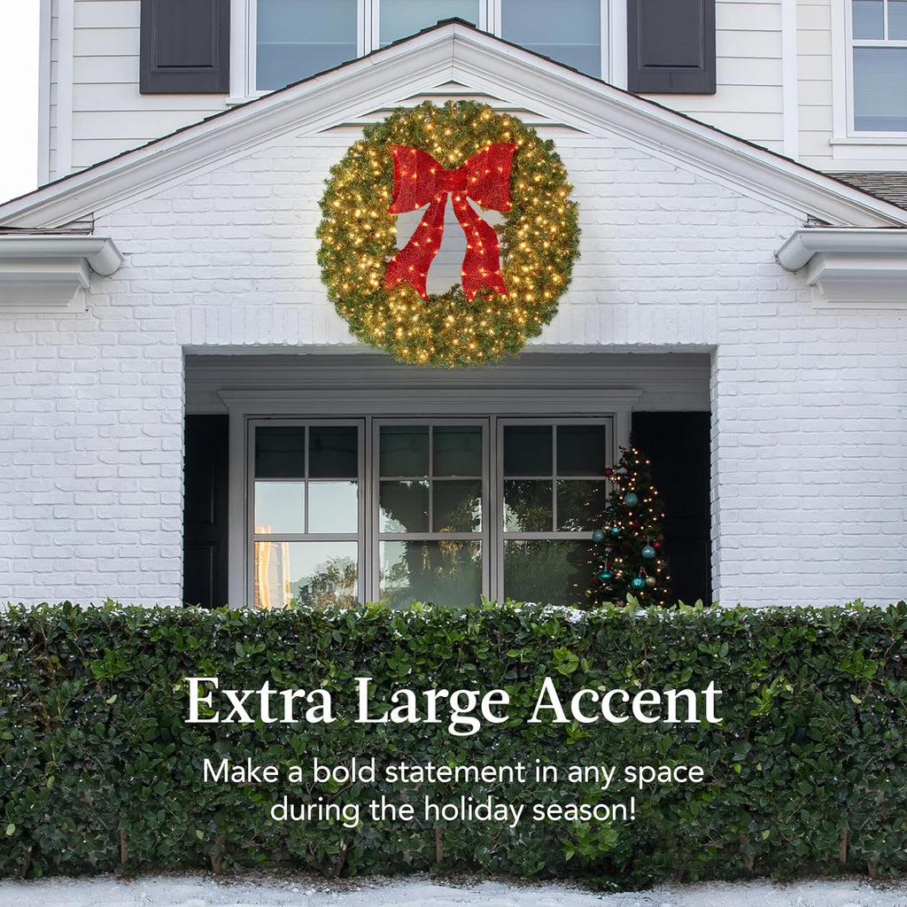 60in Large Artificial Pre-Lit Fir Christmas Wreath Holiday Accent Decoration for Door, Mantel w/Red Lighted Bow, 375