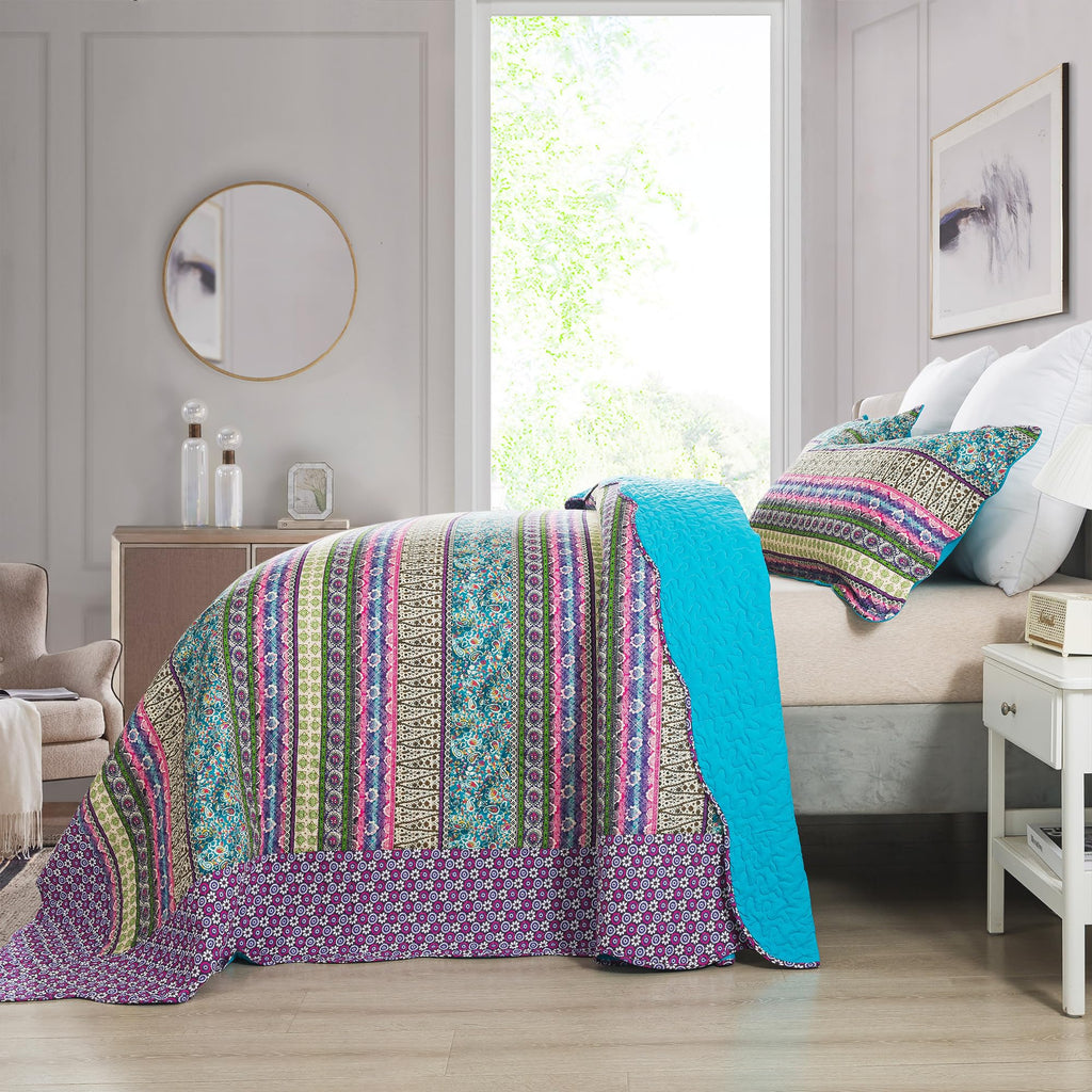 Cotton Bedspread Quilt Sets - Reversible Patchwork Coverlet Set, Striped Jacquard Pattern