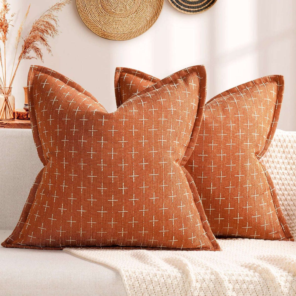 Fall Pillow Covers 20x20 Set of 2 Soft Fall Decor Polyester Textured Pillow Covers with Stylish Flange Edge Cozy