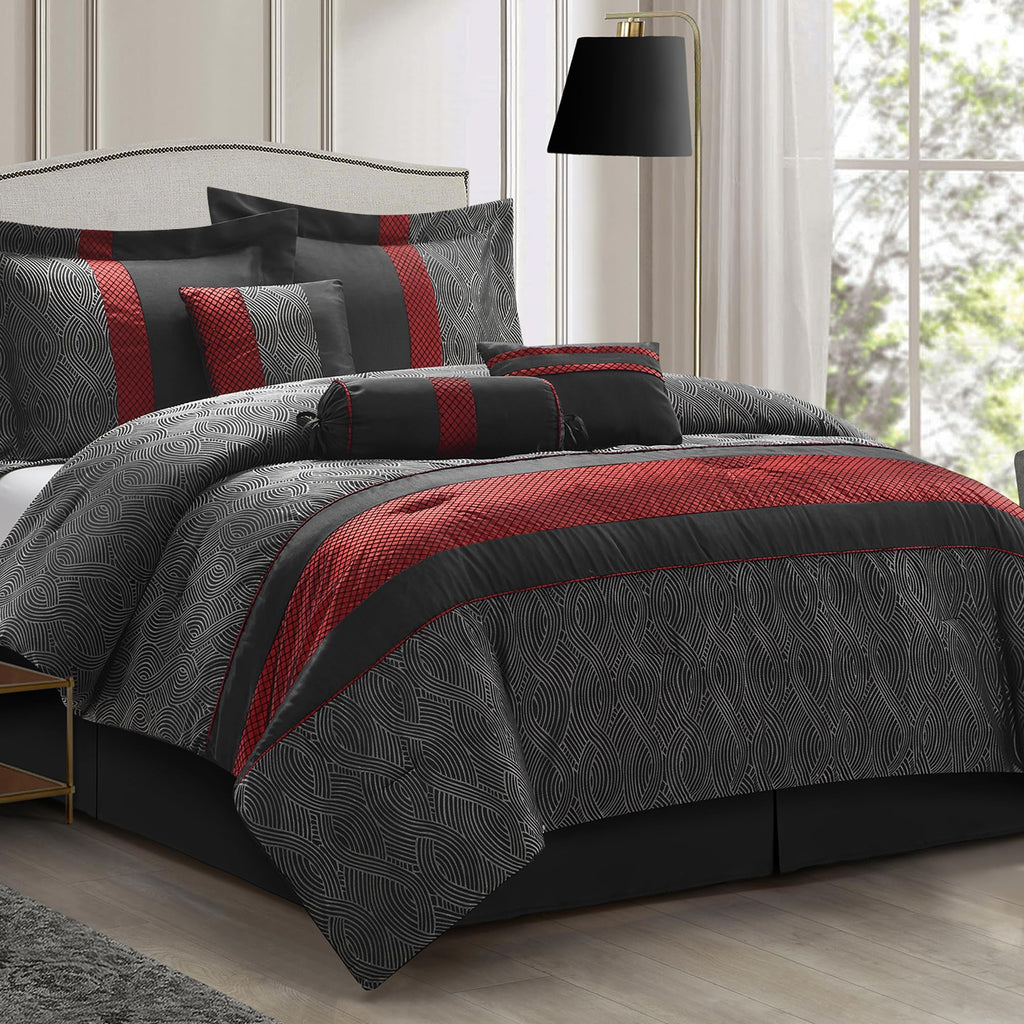 7 Piece Comforter Set, Black Red, Jacquard with Patchwork, Soft and Cozy for All Seasons, Bed in a Bag with
