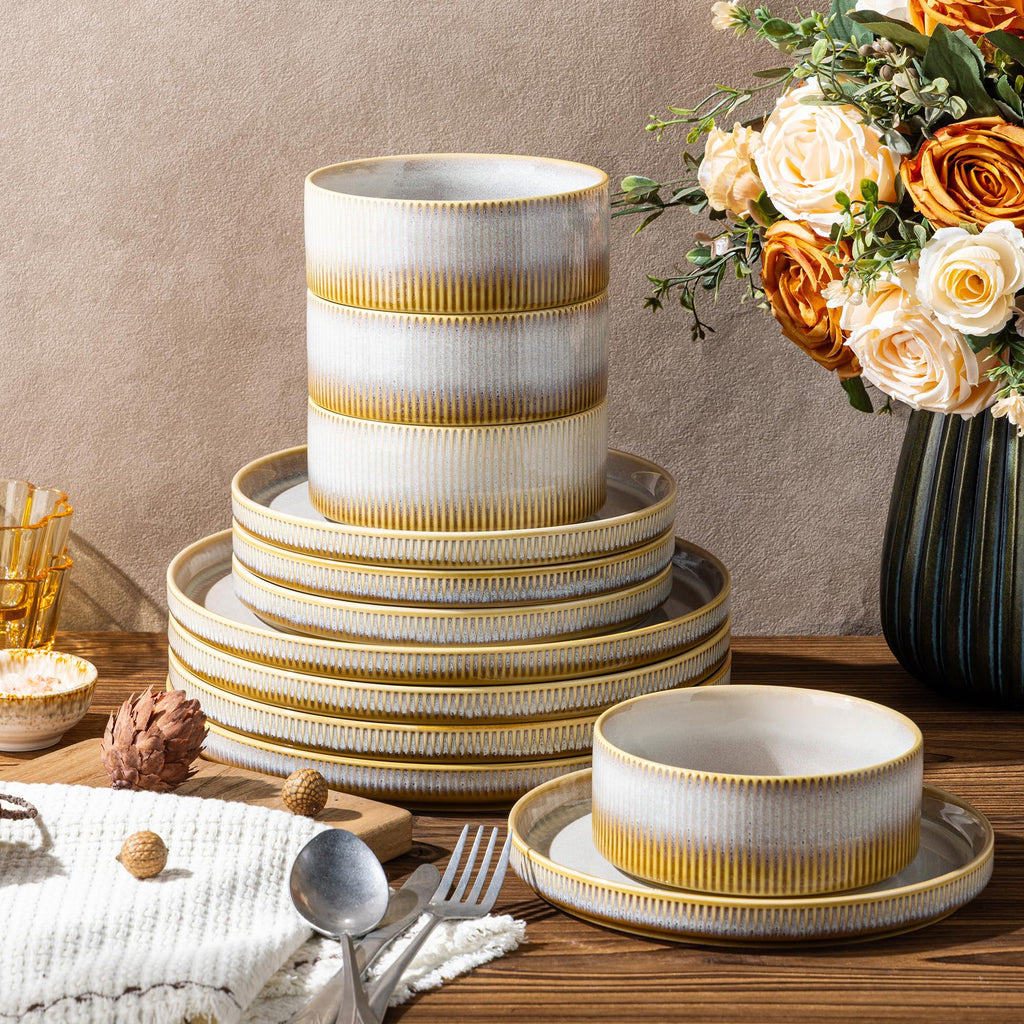 Ceramic Dinnerware Set for 6, 18-Piece Plates and Bowls Set