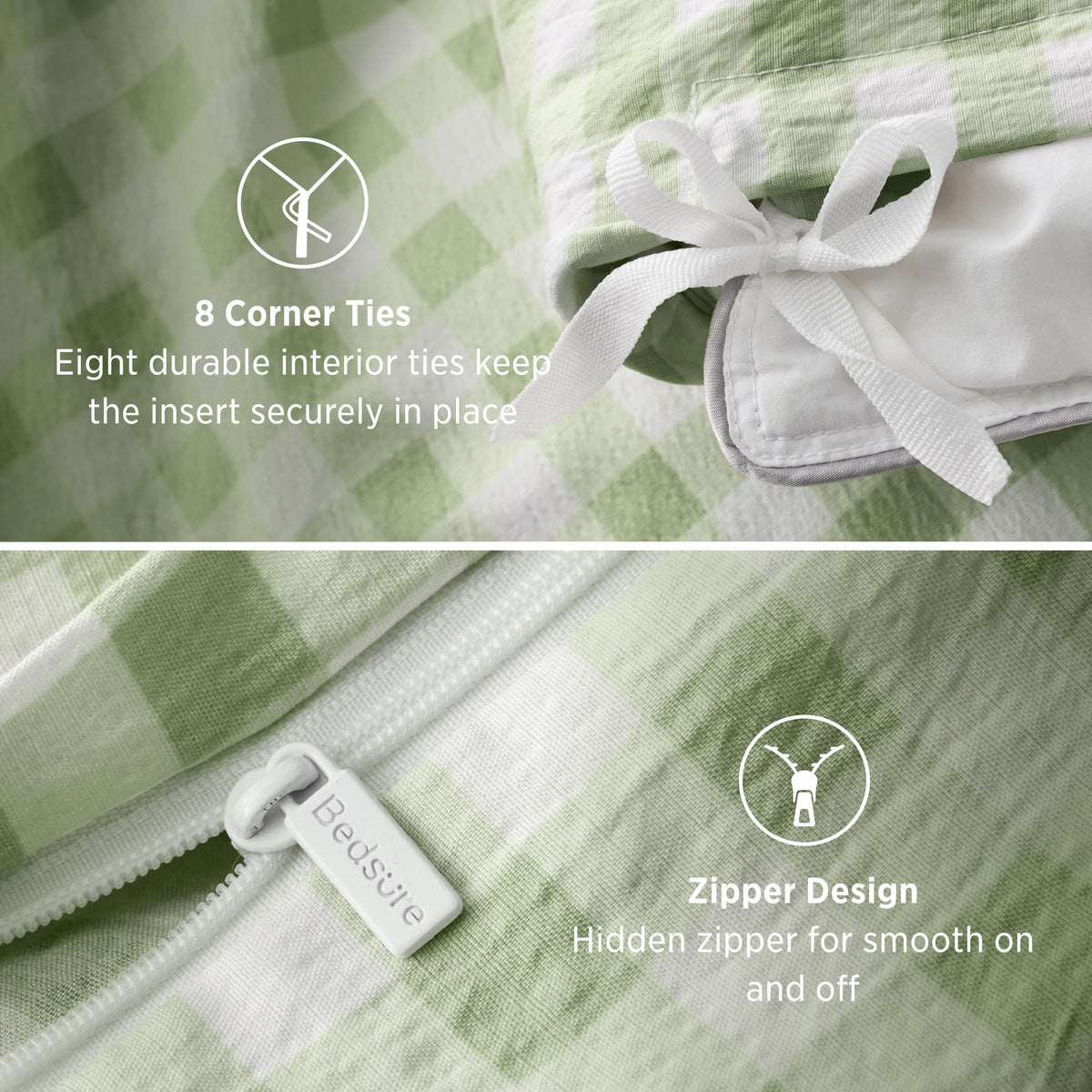 Gingham Ruffle Duvet Cover Set, King, Cotton-Like Bed, Sage Green