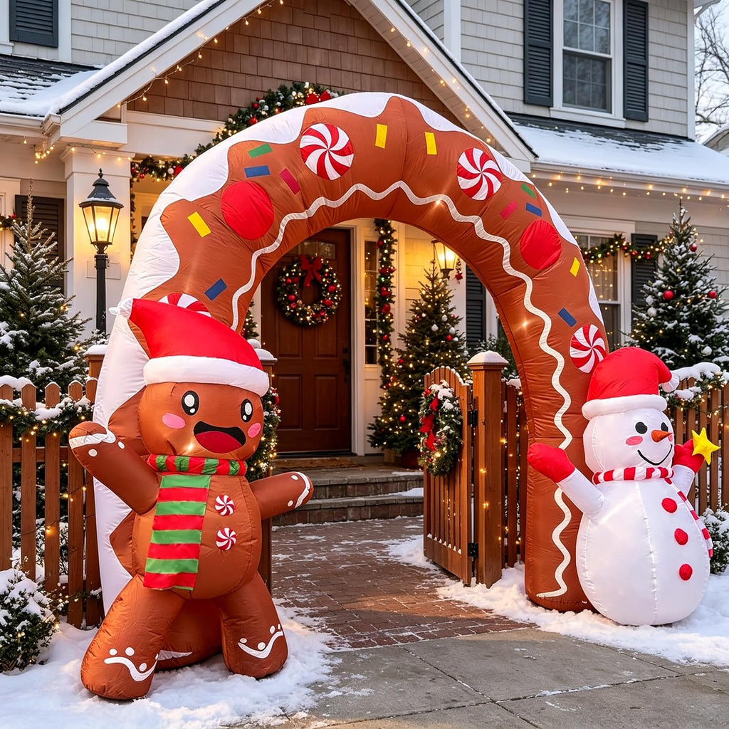 10.5FT Christmas Inflatable Archway, Blow Up Arch with Waving Cute Gingerbread Man with Santa Hat & Scarf and Lovely